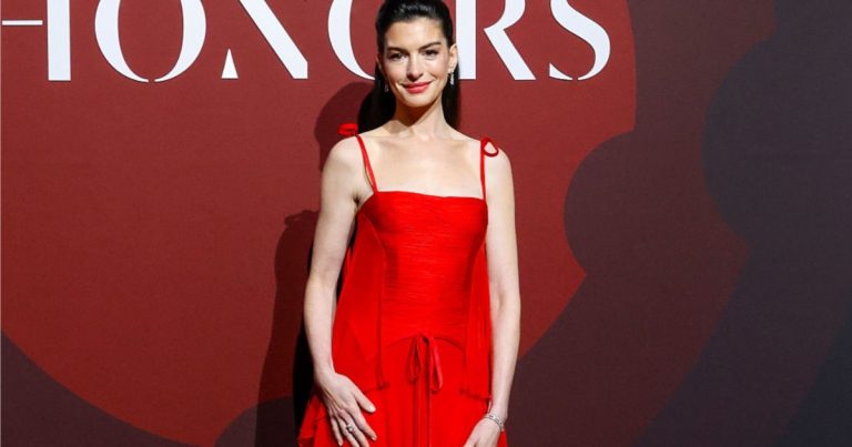 Anne Hathaway Layers Diotima Bralette Over Bold Bodysuit for Movie Promo