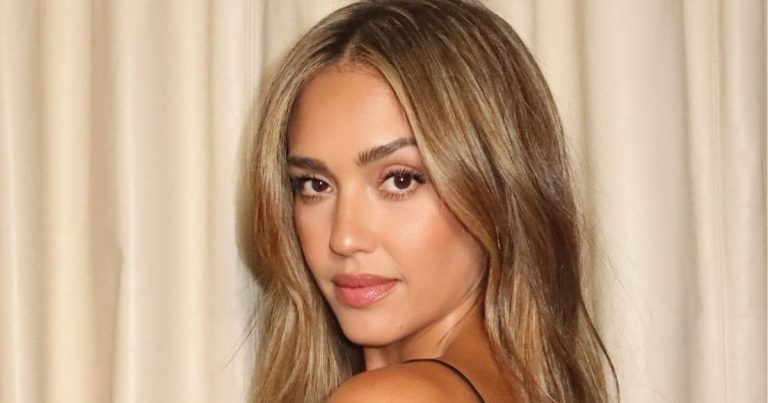 Jessica Alba’s Plunging Aritzia High-Slit Dress Hangs by the Thinnest Strings