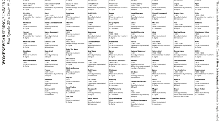 See the Provisional Schedule for Paris Fashion Week Spring 2027