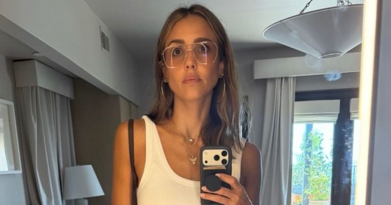 Jessica Alba Elevates Plunging Unbuttoned Shirt With Gabriel & Co. Bling