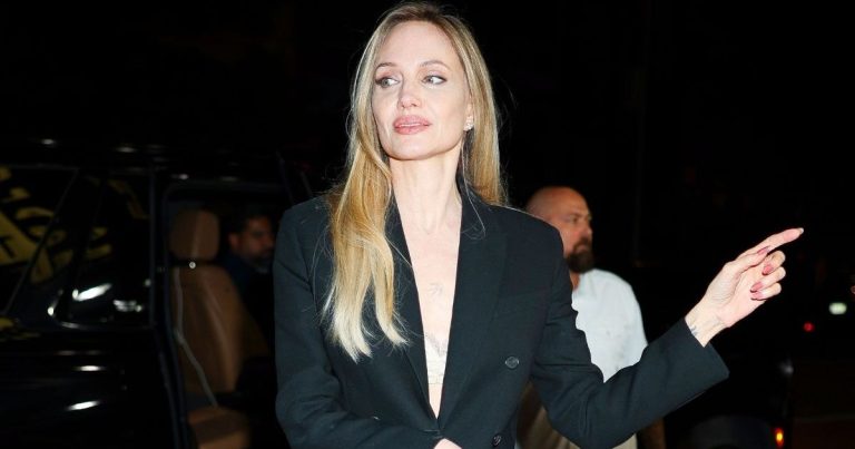 Angelina Jolie’s Blazer Slips Low Enough To Reveal Her Nude Bra