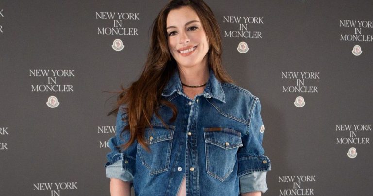 Anne Hathaway’s Moncler Shirt Hanging by a Button Leaves Little Covered